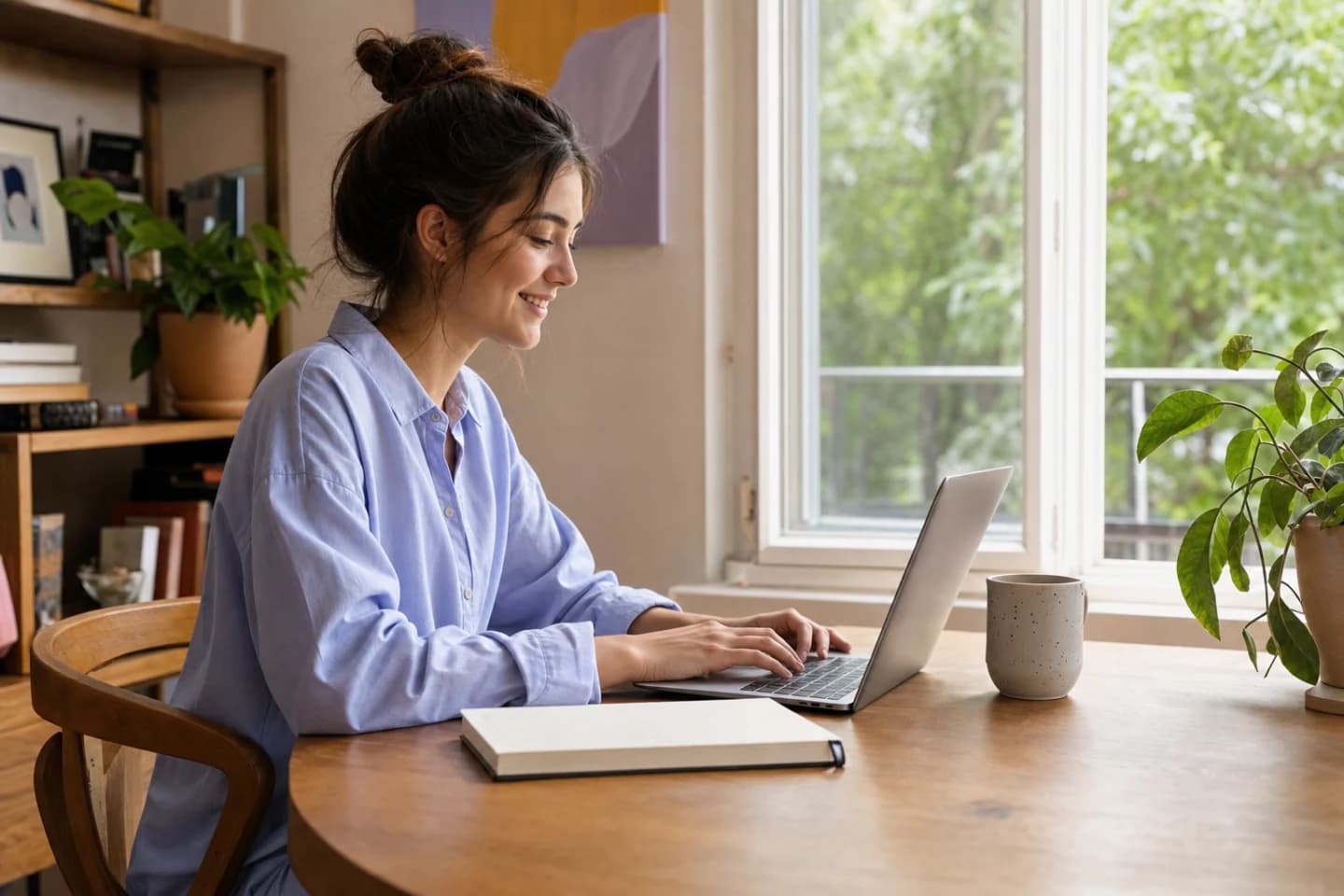 A person smiling while journaling on a laptop at a sunlit wooden desk