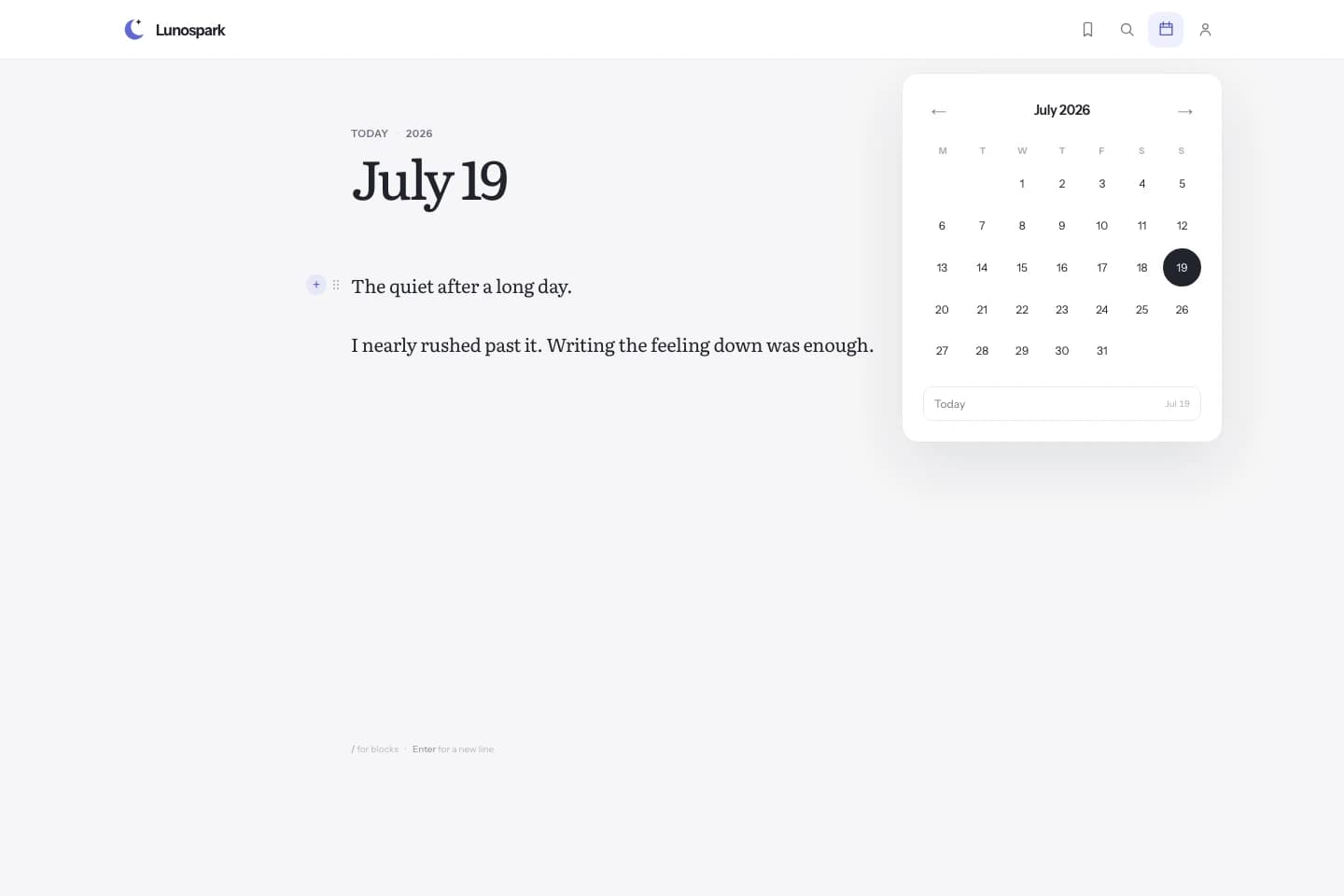 The Lunospark journal showing a July 19 entry with the calendar open
