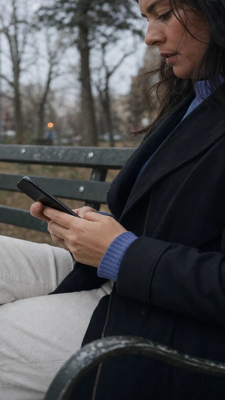 A person quietly writing on their phone during a pause outside